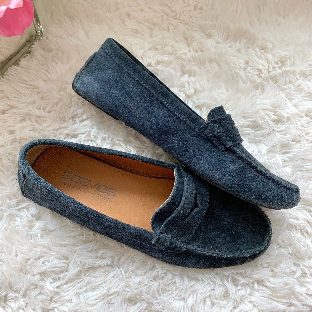 Boemos Italian Suede Leather Driving Penny Loafers Flats Navy blue 37 US 6.5 7